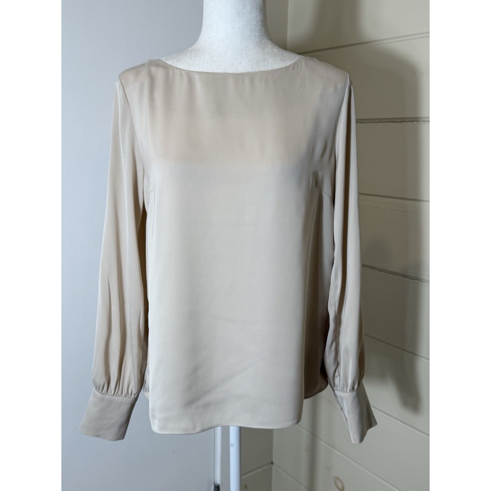 H&M Blouse Boat Neck Long Sleeve Beige Crepe Gold Button Cuff Small Minimalist